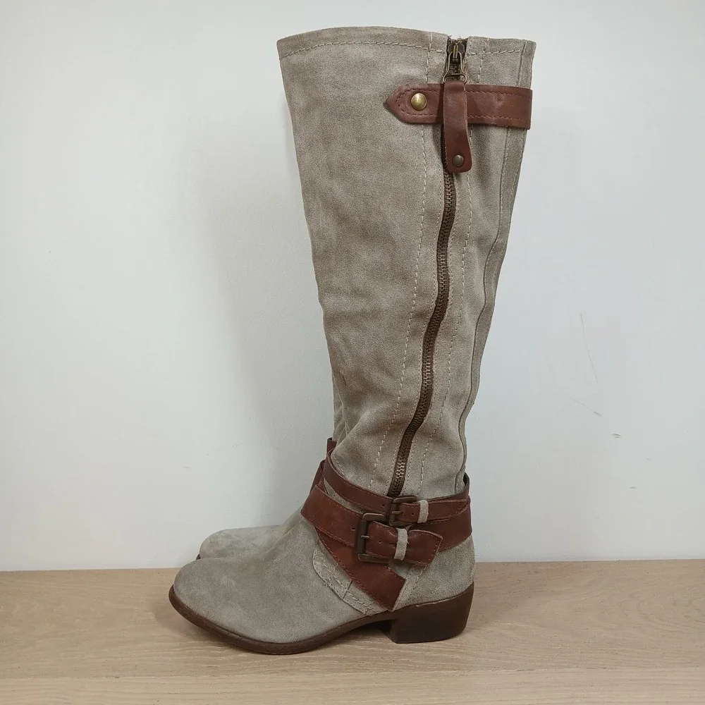 Aldo Knee High Boots Womens 6 Gray Suede Leather Buckle Riding Boho Casual